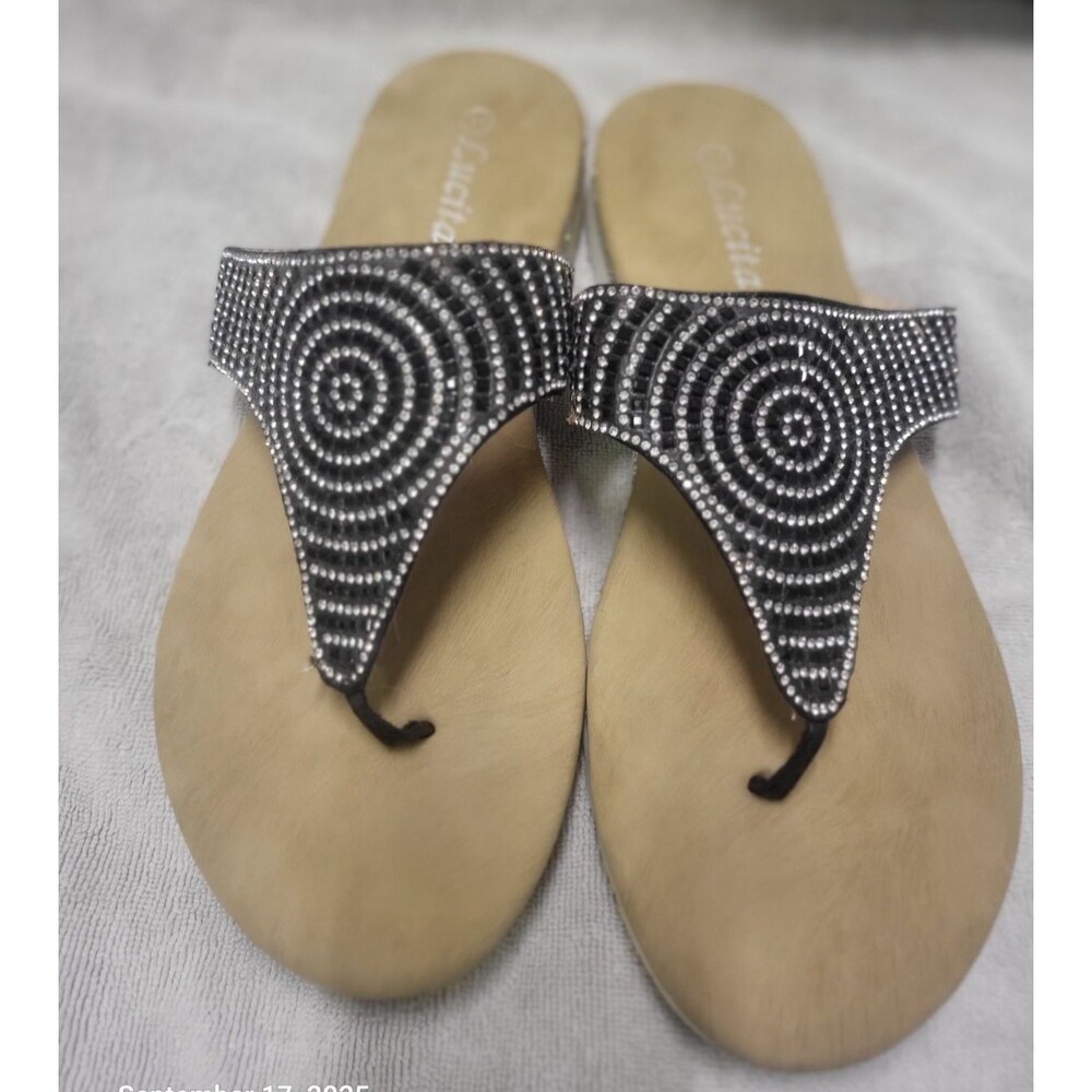 Rhinestone Womens Flat Sandals Lucita black white silver sz 11 EUC